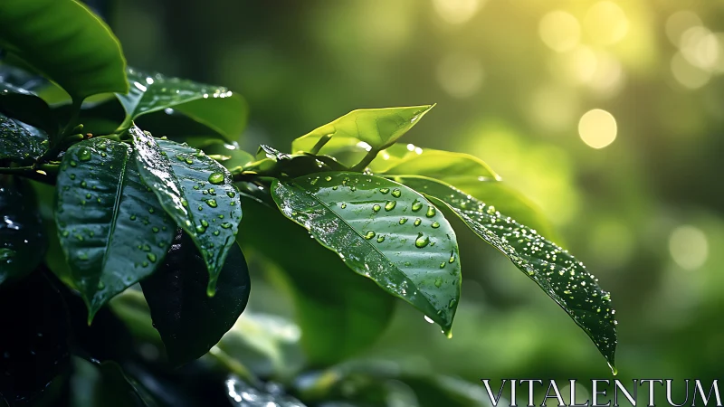 Sunlit raindrops dance on lush green leaves in hush.