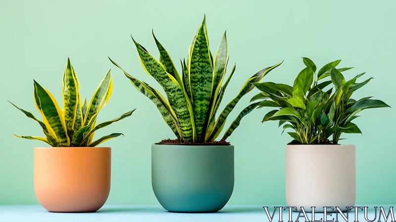 Color-blocked houseplants in matte ceramic pots on teal.