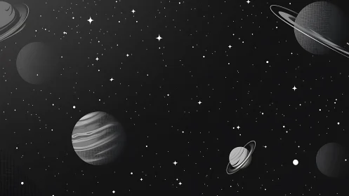 Monochrome planetary field with rings and distant stars.