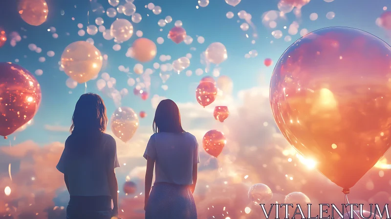 Two figures gaze upward amid luminous floating spheres.