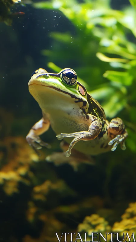 Frog suspended in aquatic habitat with blurred foliage background.