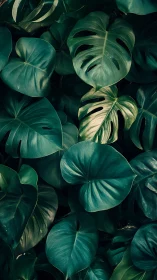 Monstera foliage cluster under deep emerald shadow tones.