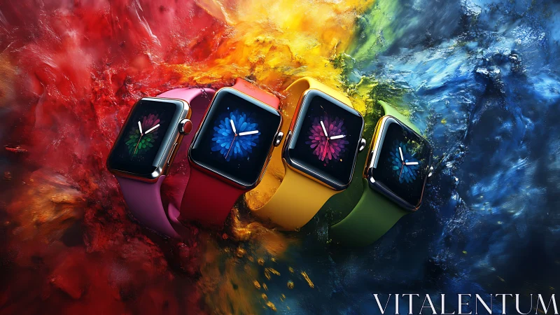 Smartwatch quartet arcs through chromatic liquid explosion field
