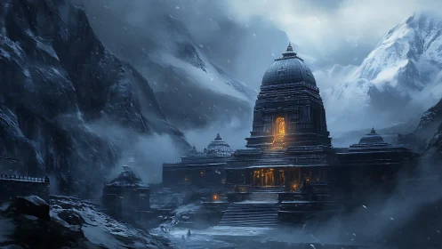 Snowbound Himalayan temple glows against storm-laden cliffs