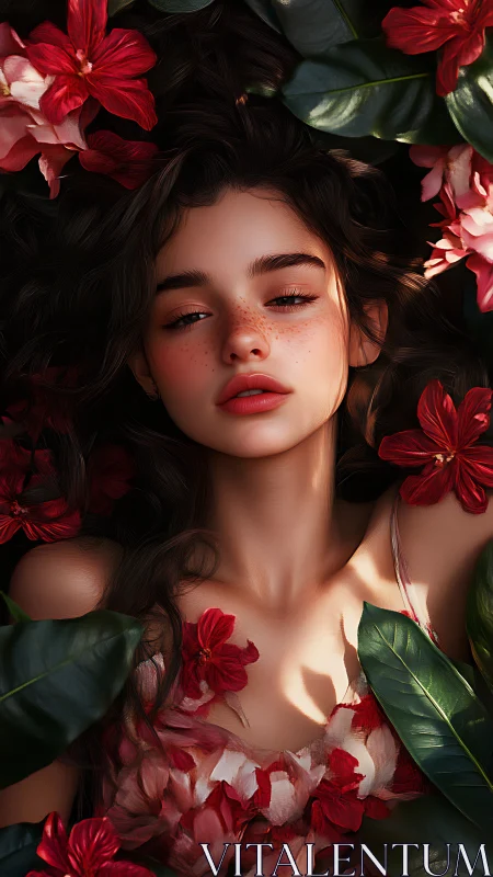Hyperreal floral portrait of freckled girl in leaf canopy.