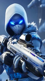 Cyber sniper assassin with glowing blue visor in snowfield.