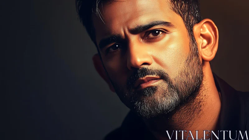 Strong, thoughtful man gazes into warm, cinematic light softly