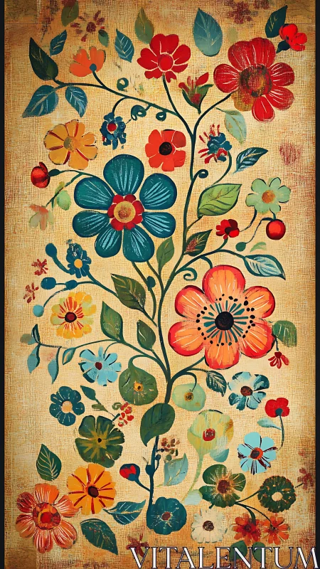 Vertical folk floral panel renders stylized blossoms in gouache