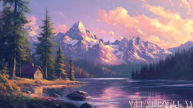 Cabin beside alpine lake under glowing sunset sky.