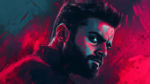 Intense male portrait in neon cyan and magenta digital strokes.