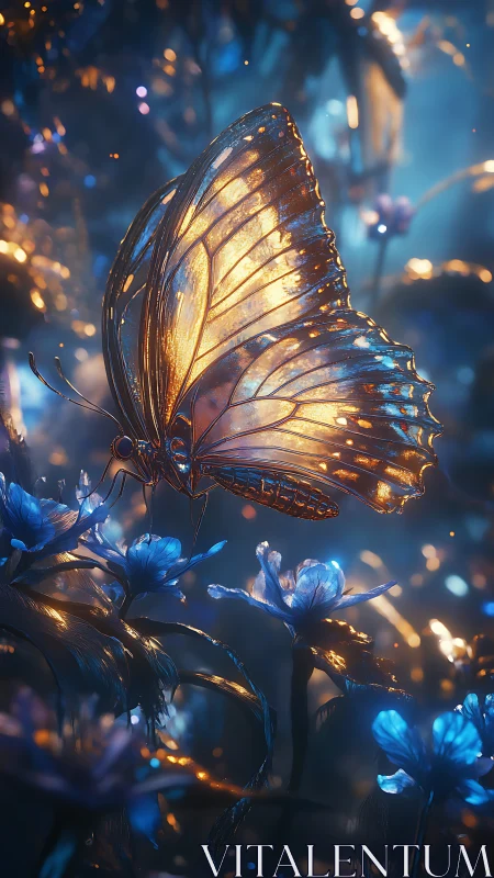 Iridescent butterfly on glowing blue flowers at dusk forest