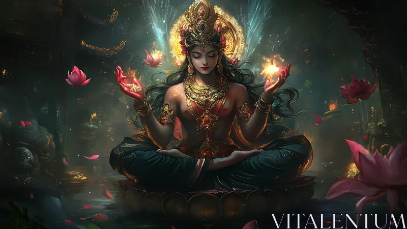 Radiant lotus goddess meditating in glowing temple calm.