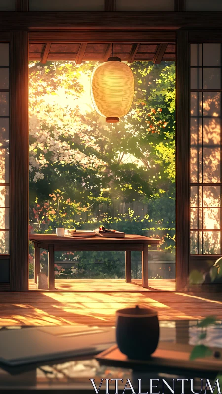 Sunlit tatami study opens toward tranquil garden view.