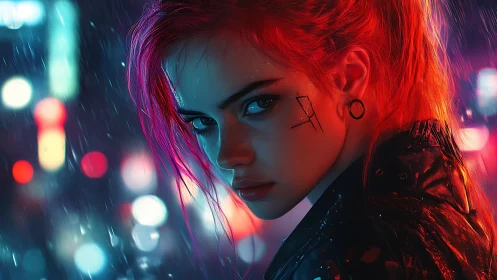 Neon drenched cyberpunk portrait with rain streaked bokeh field.