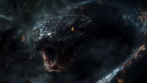 Coiled black serpent lunges forward with fanged open jaw