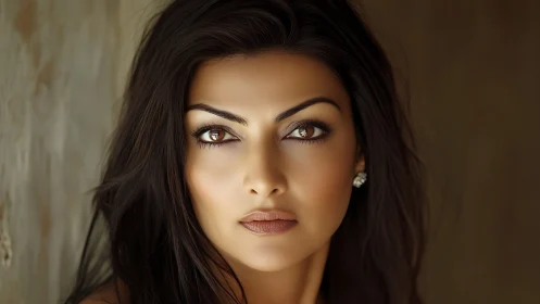 Striking brunette portrait bathed in warm, soft studio light.