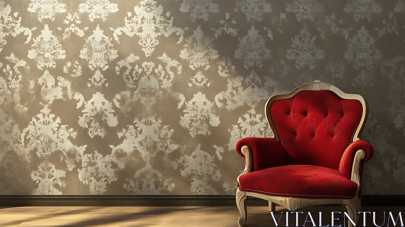 Red upholstered armchair against patterned wall surface.