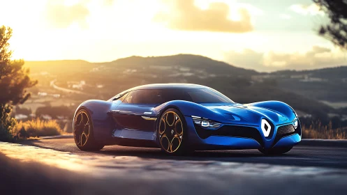 Aerodynamic blue concept supercar glows in sunset backlight