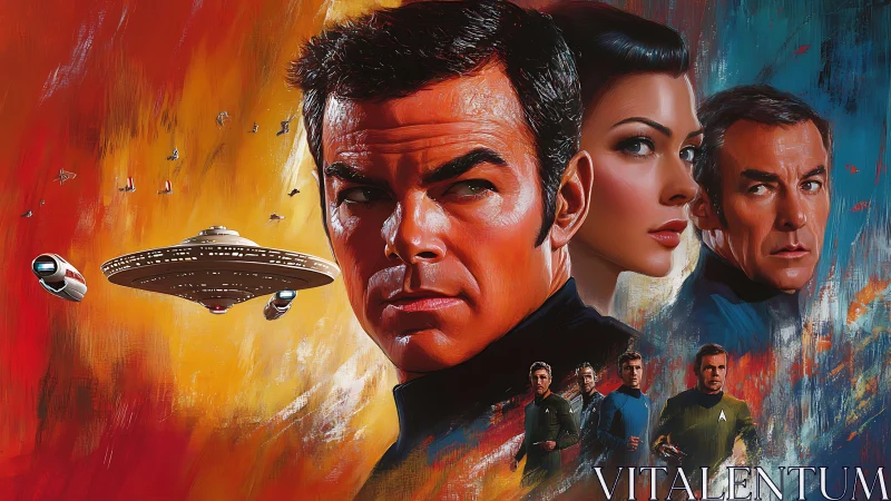 Stylized space crew portrait integrates vessels and nebulae