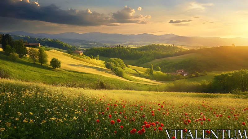 Sunlit rolling hills and distant mountains occupy the landscape