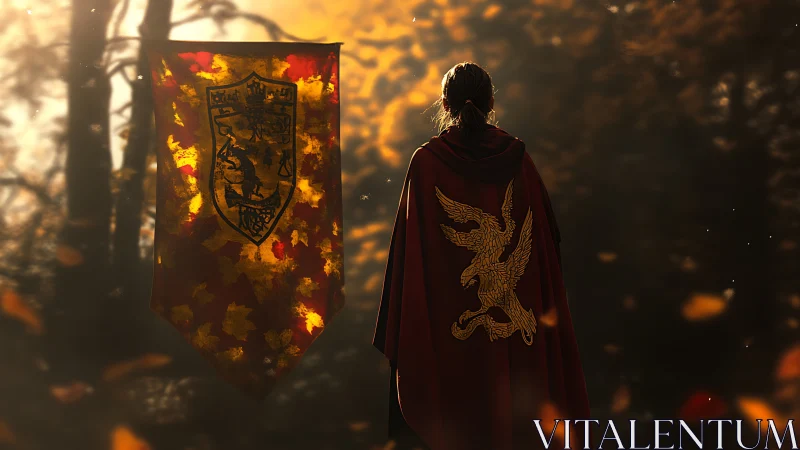 Cloaked figure before heraldic banner in autumn forest.