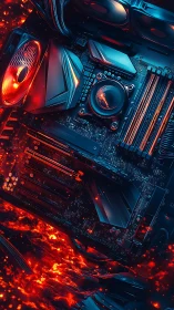 Overclocked gaming motherboard above molten lava environment