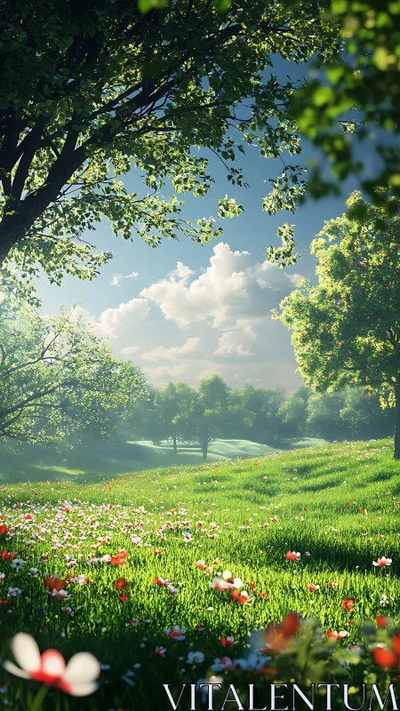 Radiant meadow landscape with volumetric daylight rendering.