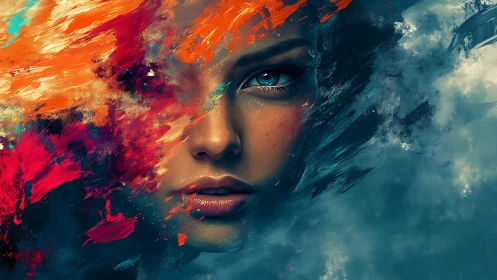 Vivid female portrait dissolves into abstract color storms.