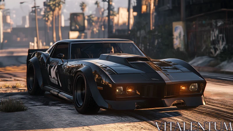 Night-street muscle car rumbles softly in the warm city glow