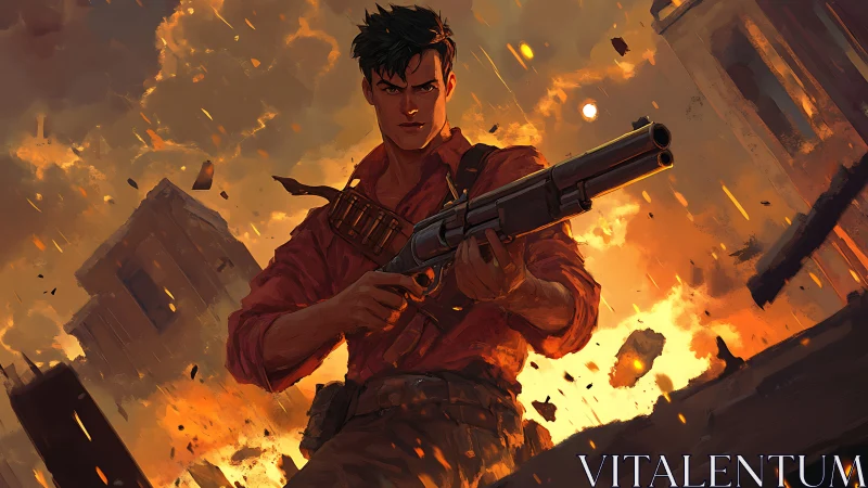 Armed soldier stands amid burning ruins and explosions.