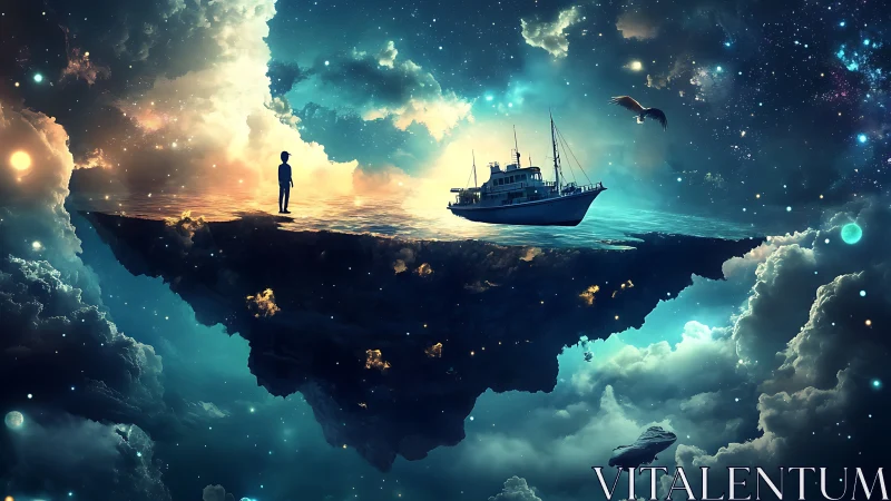 Drifting island harbor sails through a dreamlit cosmos.