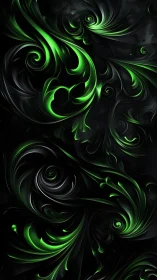 Dark swirling abstract with neon green light trails.
