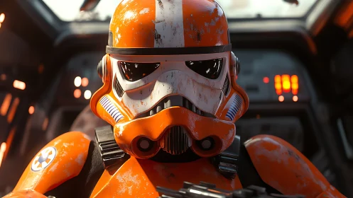 Orange armored space trooper rendered in cinematic 3D close-up
