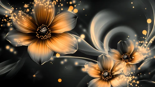 Luminous Garden: Glowing Flowers Dance in Golden Light