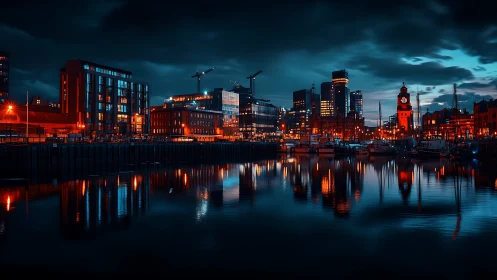 Harborfront city skyline under evening clouds with reflections.