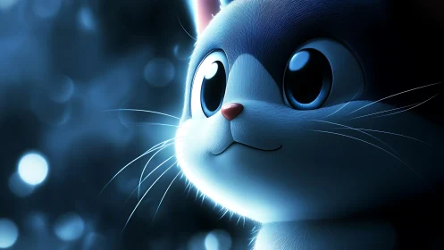 Luminescent Blue Feline Character with Oversized Expressive Eyes.