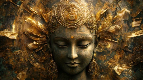Digital rendering presents ornate metallic deity-like face