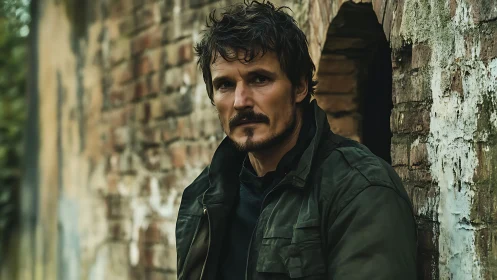 Weathered wanderer rests against crumbling brick refuge.