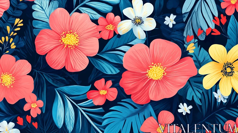 Vibrant Floral Pattern with Coral and Navy Botanical Elements