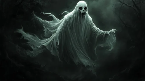 Spectral wraith with skull mask drifts through volumetric forest fog