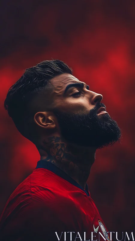 Proud bearded footballer lifts his face toward glowing red sky