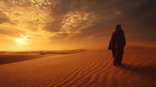 Golden desert wanderer walks toward a quiet glowing sunset