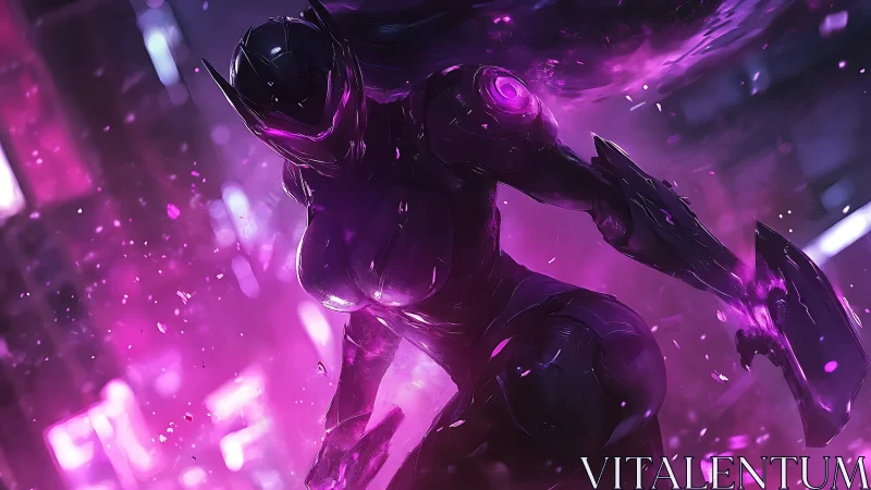 Neon‑lit cyber warrior strides through a storm of violet energy