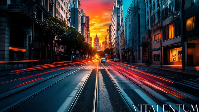 City sunset boulevard with racing light trails and color.