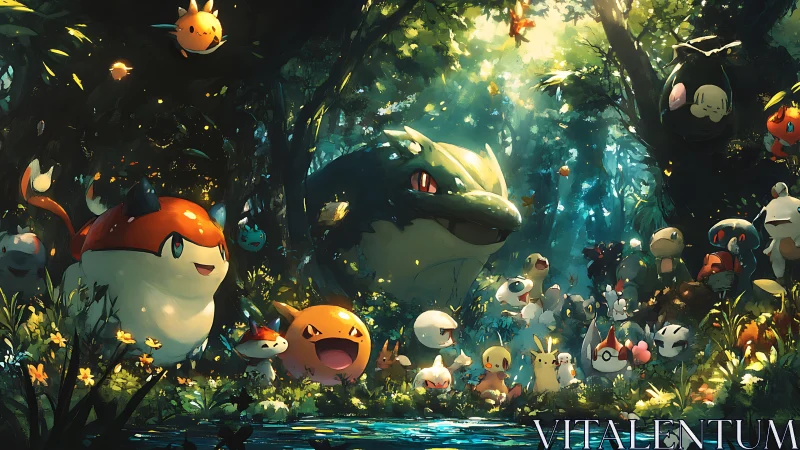 Whimsical forest creatures gathered in glowing woodland clearing.