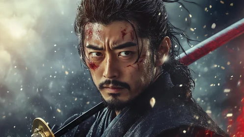 Battle-worn samurai warrior portrait in stormy light.