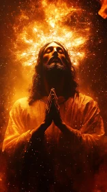 Blazing halo over praying figure in cosmic ember hush.
