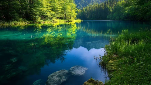 Emerald forest lake reflects dense trees in clear still water