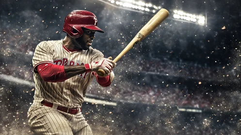 Power hitter swings under stadium lights during night game.