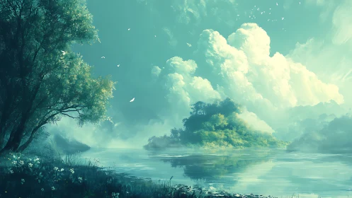 Calm riverfront landscape shows dense trees and cumulus clouds